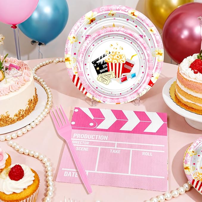 96 pcs Movie Night Party Decorations Pink Movie Night Plates
