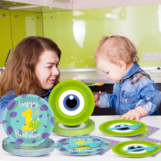 96Pcs Monster 1st Birthday Party Plates and Napkins Happy Monster