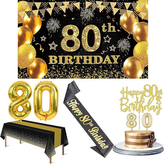80th Birthday Decorations Men Women with 80th Birthday Banner Black