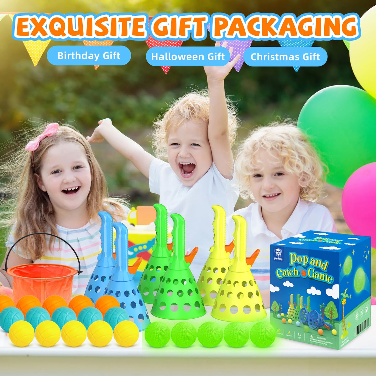 Punkdog Pop and Catch Ball Game with 15 Ping Pong Balls, 5 Glow Balls