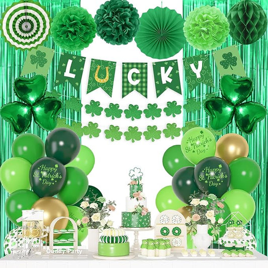 Green Party Decorations, Green Gold Printed Confetti Heart Balloons