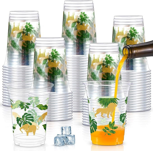 100 Pcs Gold Jungle Safari Animals Cups 16 oz Golden Safari Themed