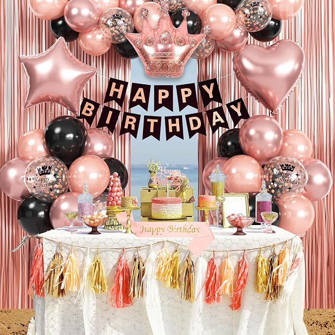 Rose Gold Birthday Decorations Black & Rose Gold Balloons Happy