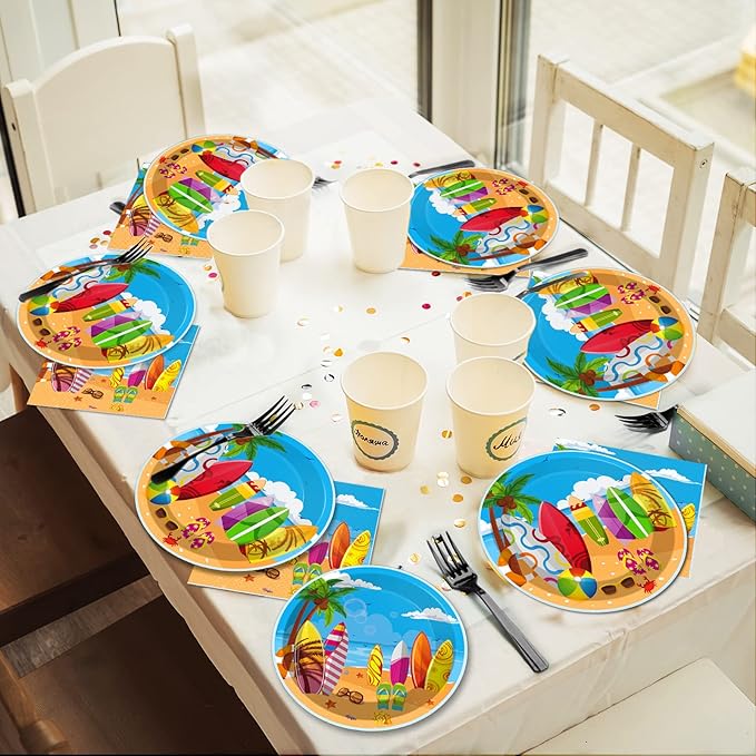 100 Pcs Summer Beach Surfing Party Paper Plates Napkins Supplies