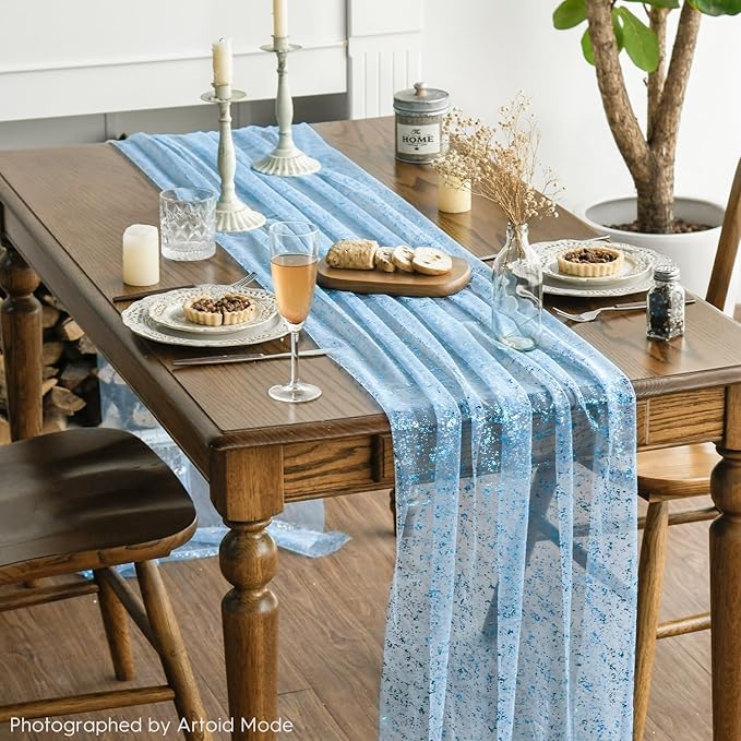 Artoid Mode 6PCS Light Blue Gauze Table Runner 120 Inch 10FT, Glitter