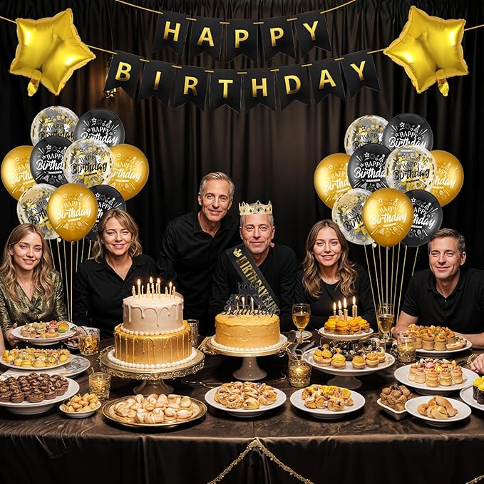 24PCS Black Gold Birthday Decorations - Gold Foil Balloons, Star