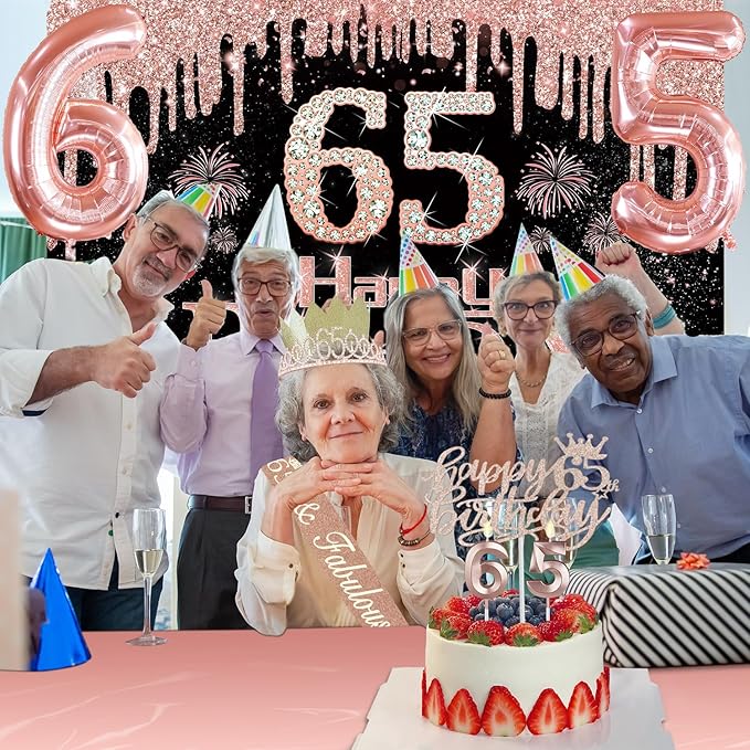 65th Birthday Decorations for Women with Banner Rose Gold Tablecloth