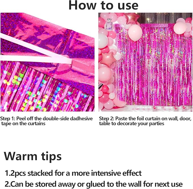 4 Packs Hot Pink Foil Fringe Curtain, Pink Glitter Metallic Tinsel