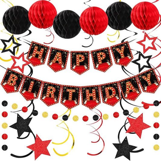 24 Pcs Movie Night Theme Happy Birthday Banner Decorations Movie
