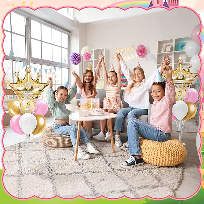 Seematn 2 Set Princess Balloon Stand Kits Pink Gold Crown Balloons