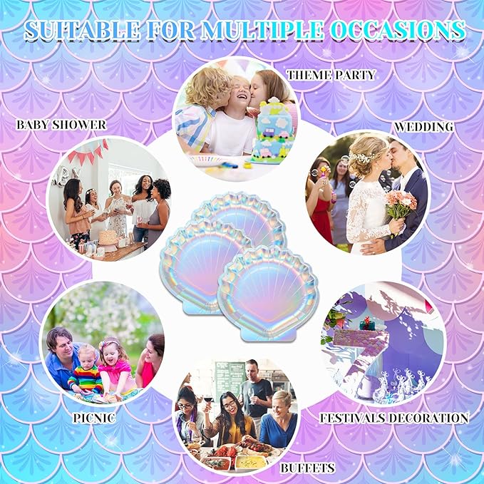 96 Pcs Mermaid Paper Plates Seashell Plates Party Supplies 9 Inch