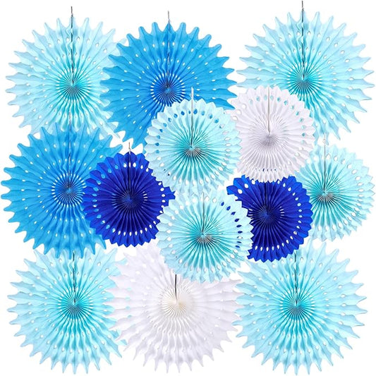 Pack of 13 Blue White Hanging Honeycomb Paper Fans Party