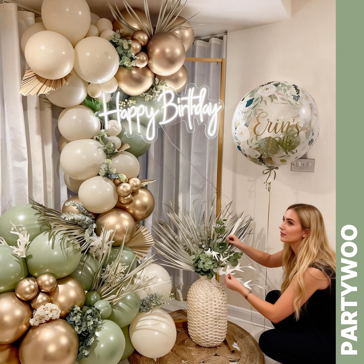 PartyWoo Pink and Green Balloons 65pcs 12 Inch Metallic Gold Sand