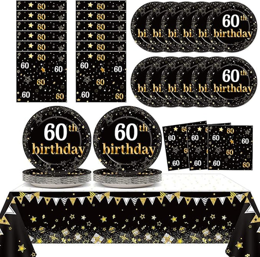 60th Birthday Party Supplies Serves 24 Black and Gold 60 Years Old