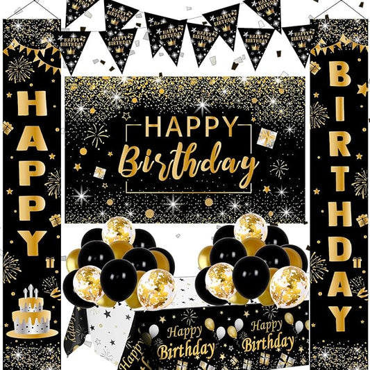 Black and Gold Birthday Decorations for Men Women 37pcs Black and