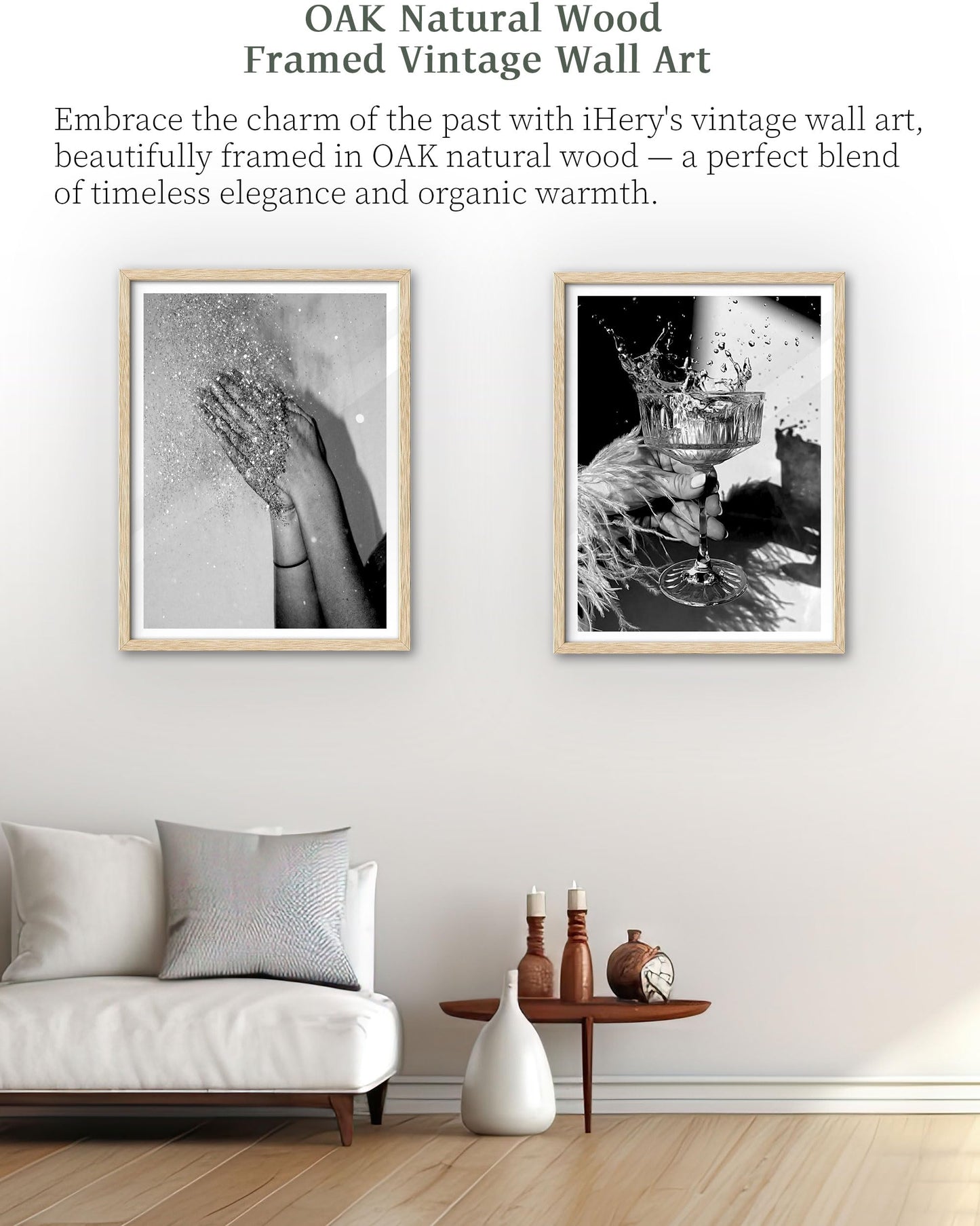 IHery Natural OAK Wood Framed Disco Party Glitter Hands Wall Art