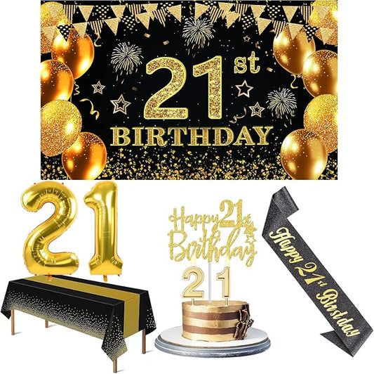 21st Birthday Decorations for Him Her with Banner Black and Gold