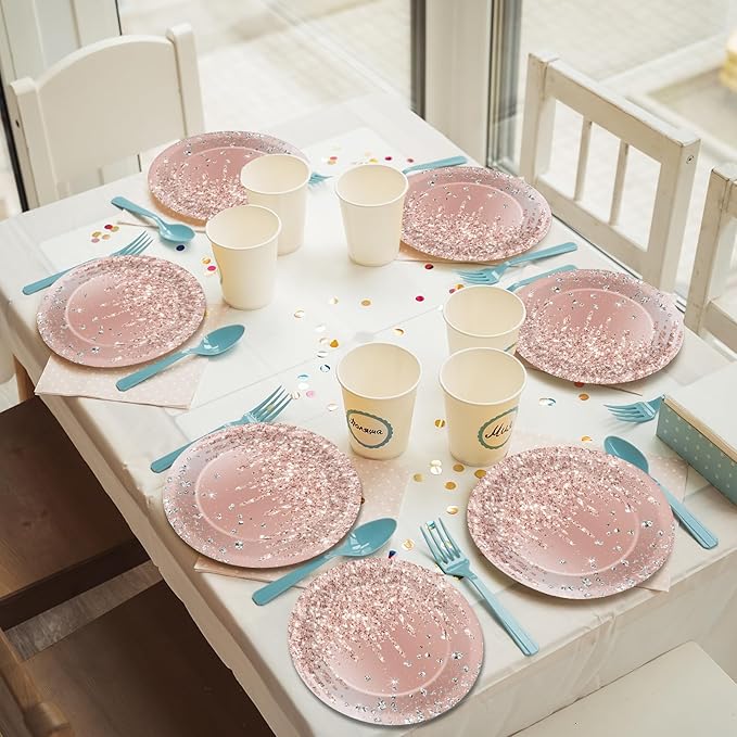 48 PCS Rose Gold Birthday Plates Pink Rose Gold Paper Dinner Dessert