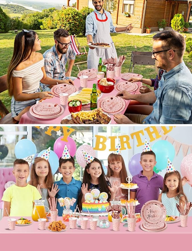 Birthday Party Tableware, 161 Pieces Pink and Rosegold Party