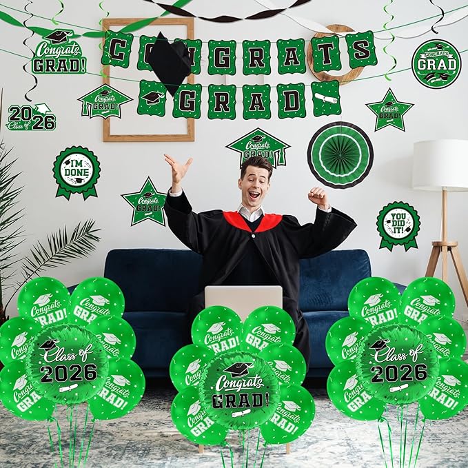 Green Themed 2026 Graduation Decorations Set - Congrats Grad Banner