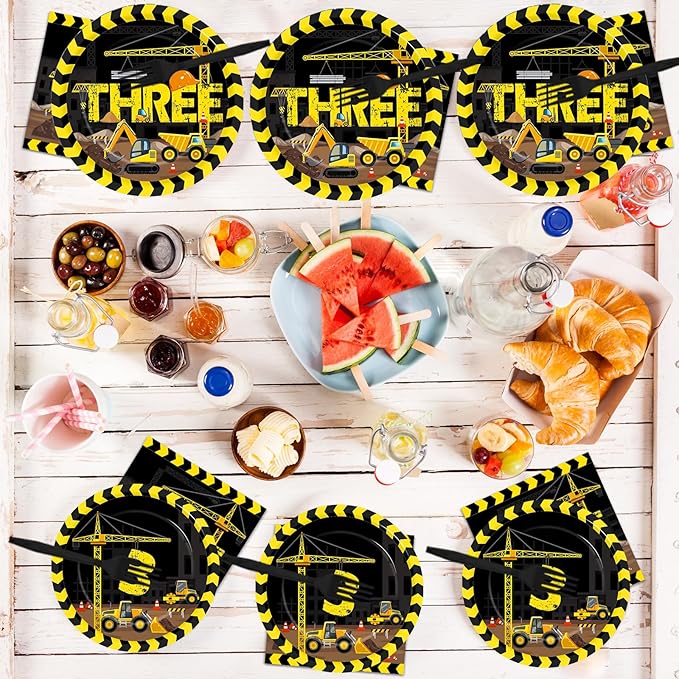 100 Pcs Construction Plates and Napkins Set 3rd Birthday Party