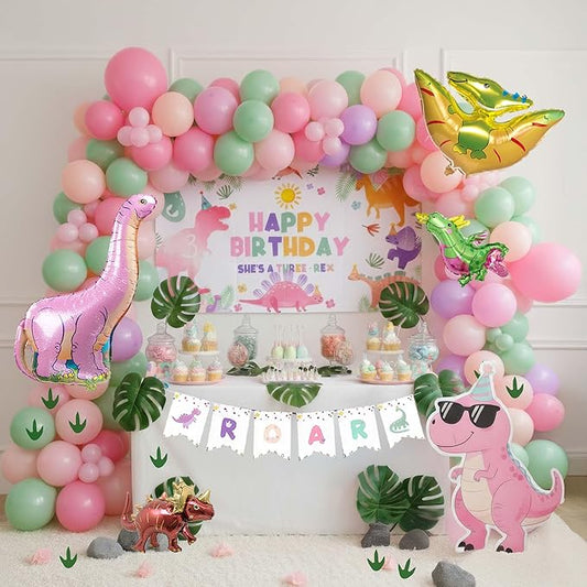 Three Rex 3rd Birthday Decorations with Pastel Pink Green Dinosaur