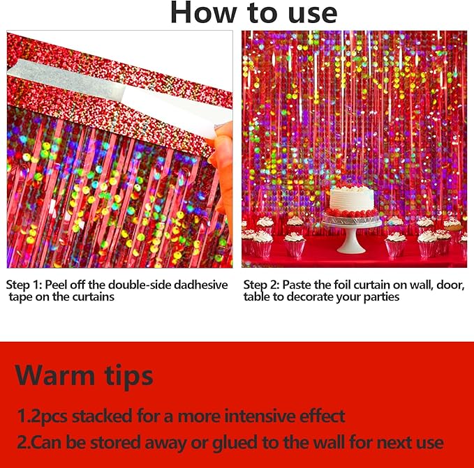 4 Packs Red Foil Fringe Curtain, Red Glitter Metallic Tinsel Backdrop