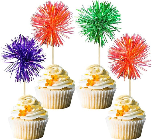 Gyufise 30Pcs Foil Firework Cupcake Toppers Sparkle Tinsel Cake #23