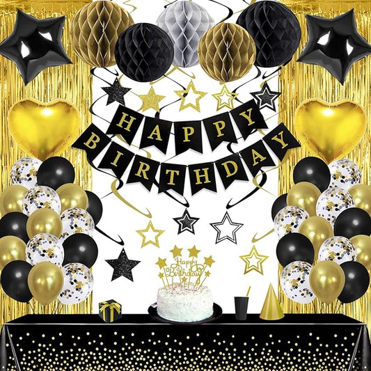 Black Gold Birthday Party Decorations Supplies Happy Birthday Banner