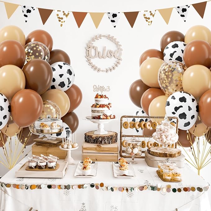 Brown Western Balloons, Brown Nude Gold Confetti Cow Print Latex