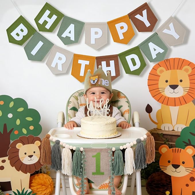 Wild One High Chair Banner Brown Green Felt Happy Birthday Banner