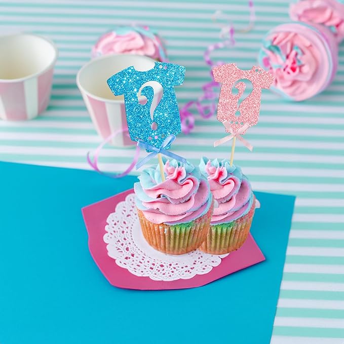 Ephlyn 24Pcs Gender Reveal Cupcake Toppers Glitter Pink Blue Bow
