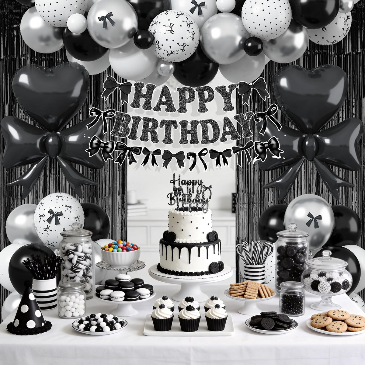 Black Bow Birthday Party Decorations, Coquette Bow Black and White