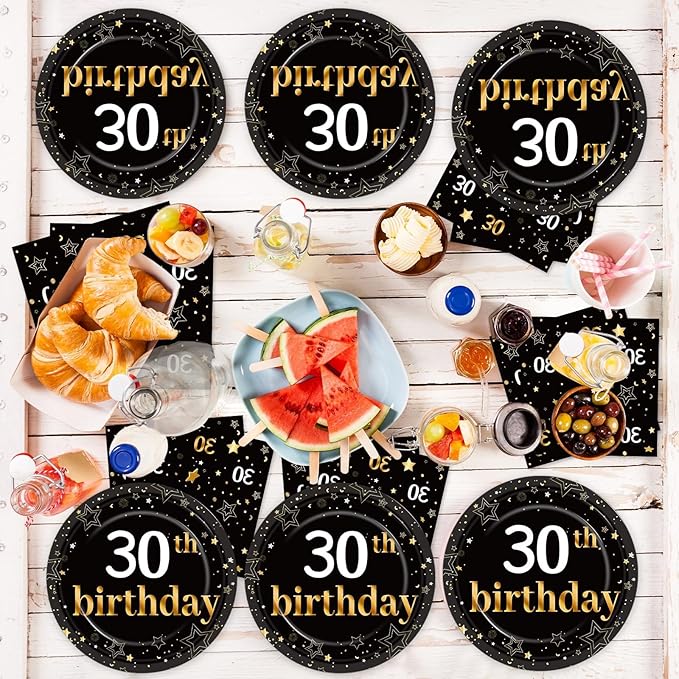 30th Birthday Party Supplies Serves 24 Black and Gold 30 Years Old