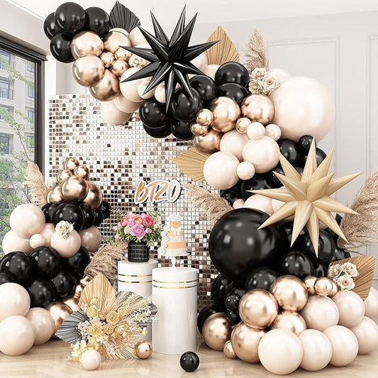Sand White Black Gold Balloon Arch Kit,Balloon Garland with Star Foil
