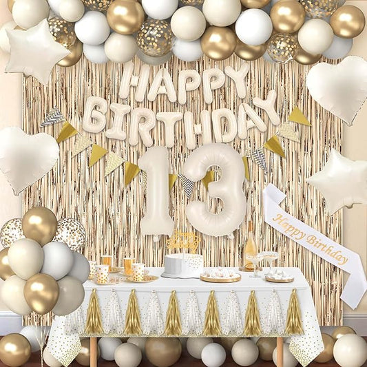 13th Birthday Decorations for Girls, White and Gold 13 Boho Birthday