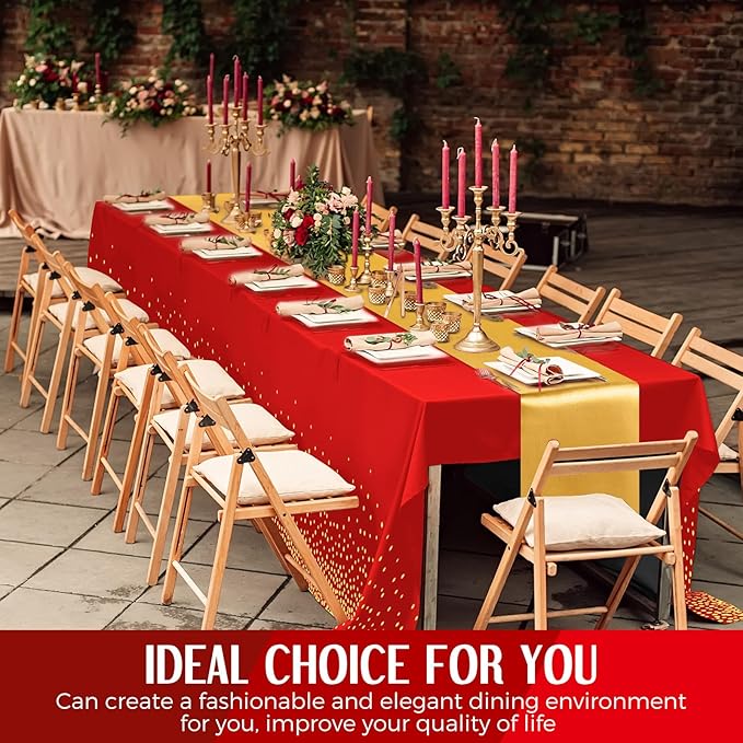 24 Pack Red and Gold Disposable Plastic Tablecloths and Satin