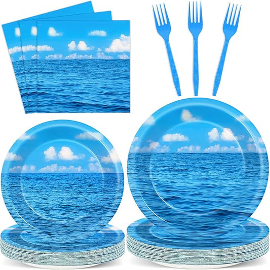 96Pcs Summer Ocean Plates and Napkins Under the Sea Bubbles Blue Sky