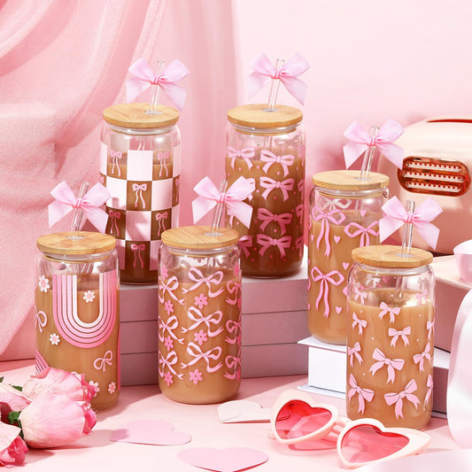 Yetene 12 Sets Mother's Day Pink Bow Glass Cups Gifts 16 oz Cute Bow