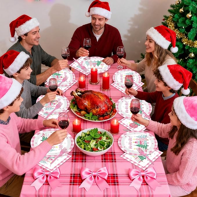 96Pcs Pink Christmas Trees Paper Plates and Napkins Xmas Watercolor
