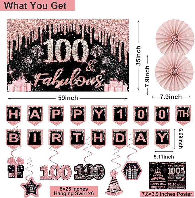 100th Birthday Decorations for Women 32PCS 100th Birthday Party