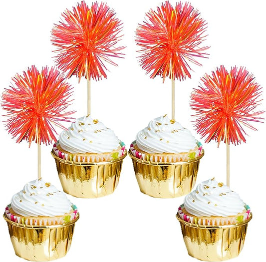 30Pcs Foil Firework Cupcake Toppers Sparkle Tinsel Cake Topper