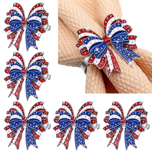 Geiserailie 6 Pieces Patriotic Napkin Rings 4th of July Bow Napkin