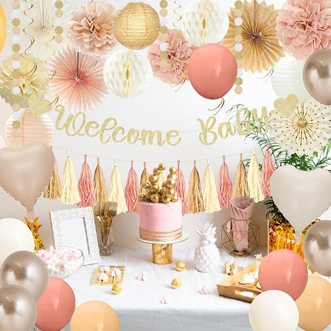 Champagne Gold Boho Baby Shower Party Decorations with Welcome Baby