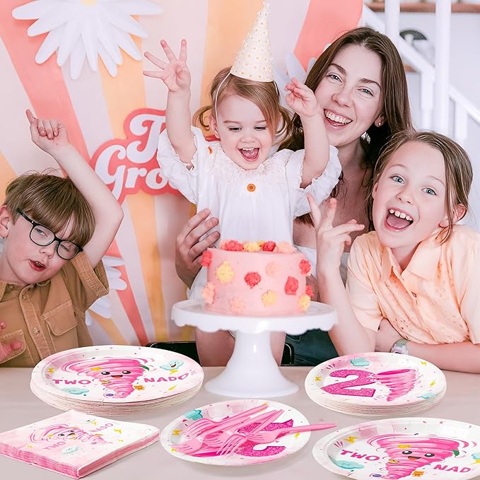 96Pcs Two Nado Pink Tornado 2nd Birthday Party Plates Supplies Party