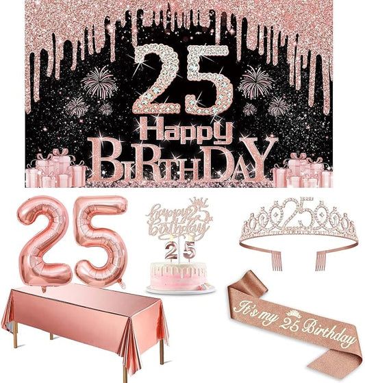 25th Birthday Decorations for Women with Banner Rose Gold Tablecloth
