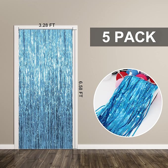 5 Pack Foil Curtain Backdrop Blue Metallic Tinsel Foil Fringe Curtains