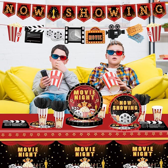 170pcs Movie Night Party Supplies Now Showing Paper Plates Napkins