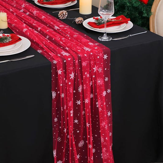 Red Christmas Table Runner, Red and White Snowflakes