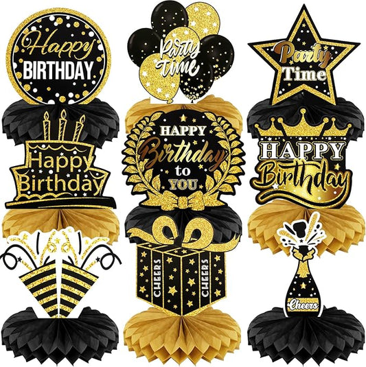 9 PCS Happy Birthday Party Table Decorations | Black and Gold